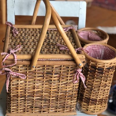 Корзина для пикника дерево соломка ткань