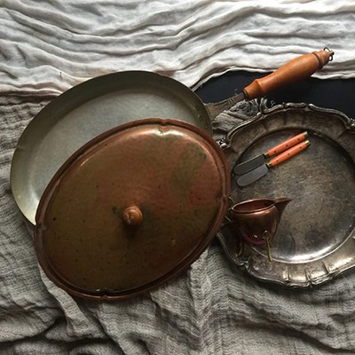 Сковорода медь с крышкой и деревянной ручкой