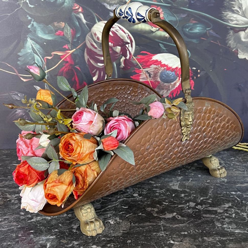 Дровница корзина 48 см медь латунь с керамической ручкой