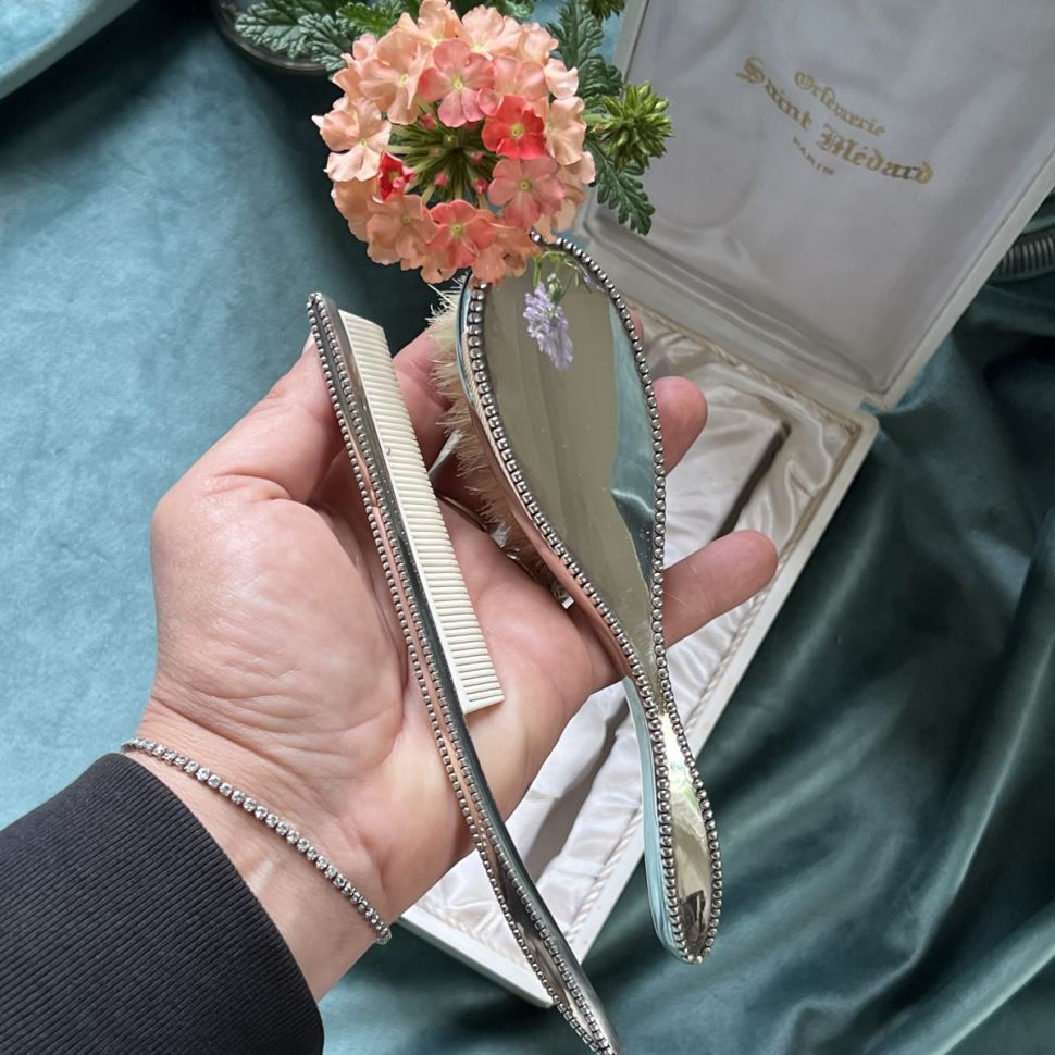 Щетка и расческа расческа набор для младенцев серебро Франция