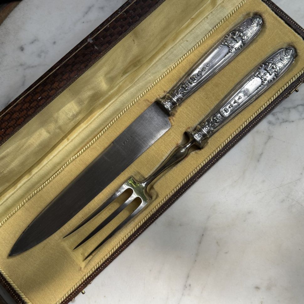 Ложка и вилка набор сервировочный ручка серебро Франция конец 19 века