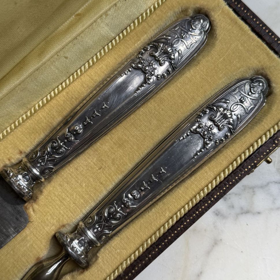 Ложка и вилка набор сервировочный ручка серебро Франция конец 19 века