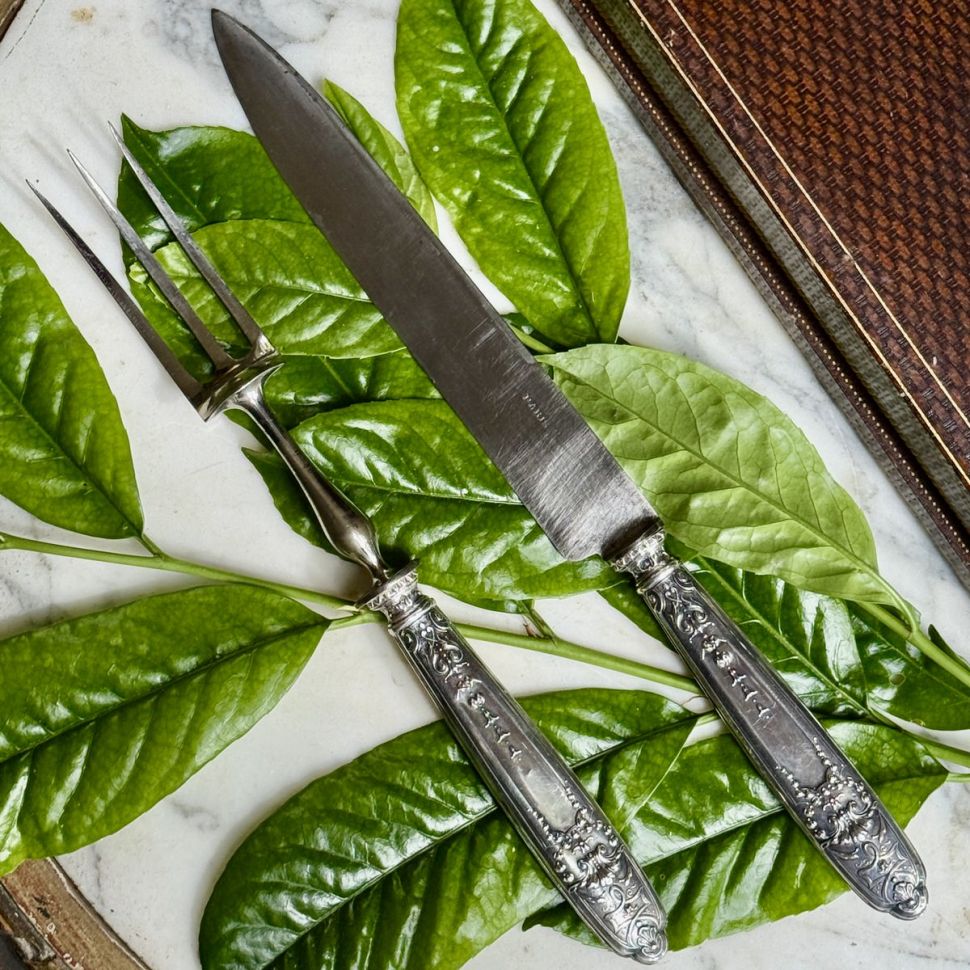 Ложка и вилка набор сервировочный ручка серебро Франция конец 19 века