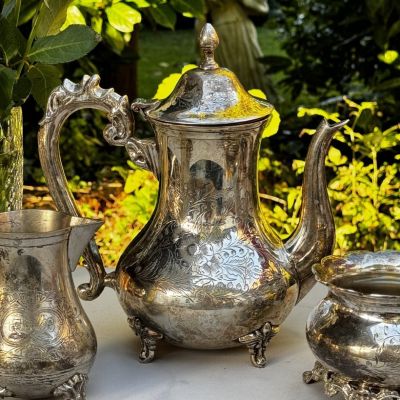 Чайник кофейник на ножках 0,9 л серебрение штихельная гравировка