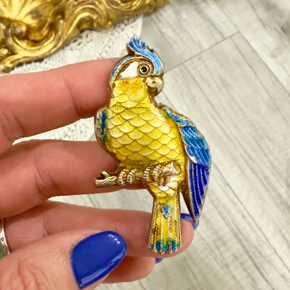 Брошь подвес Попугай серебро золочение и эмаль 