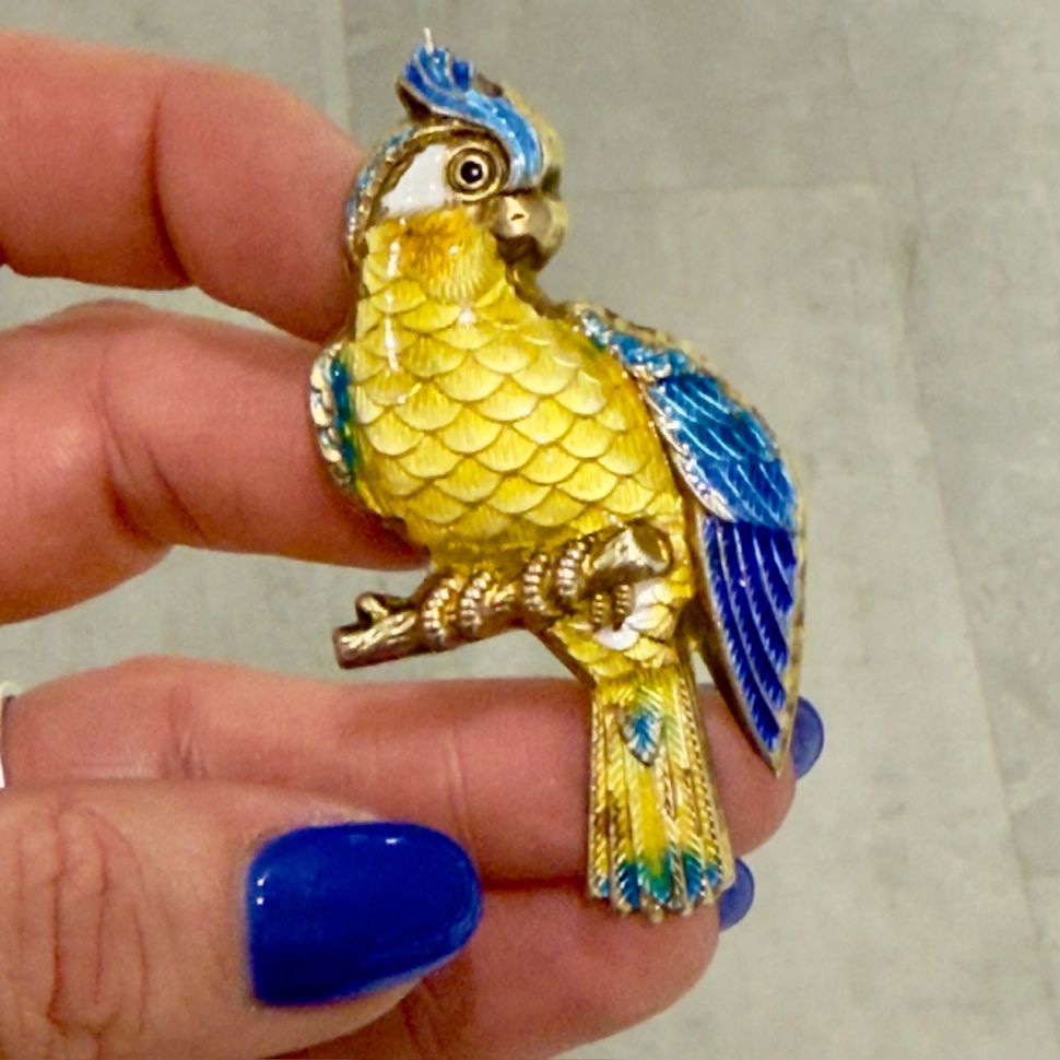 Брошь подвес Попугай серебро золочение и эмаль 