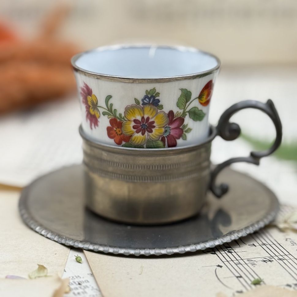 Кофейная пара в оловянном подстаканнике 100 мл фарфор Германия