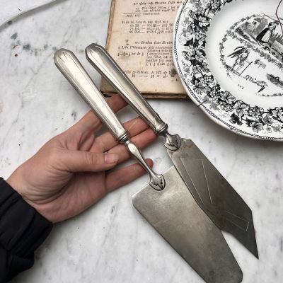Лопатка и нож сервировочные мельхиор серебро