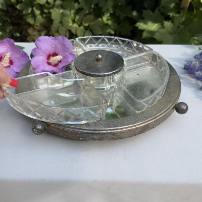 Менажница на крутящемся блюде 33 см мельхиор серебрение хрусталь Франция