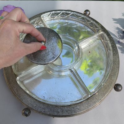 Менажница на крутящемся блюде 33 см мельхиор серебрение хрусталь Франция