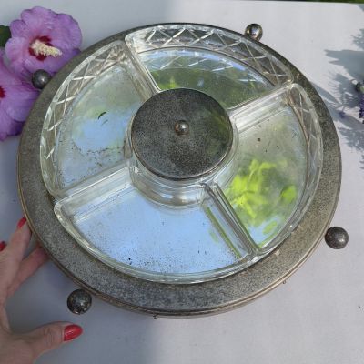 Менажница на крутящемся блюде 33 см мельхиор серебрение хрусталь Франция