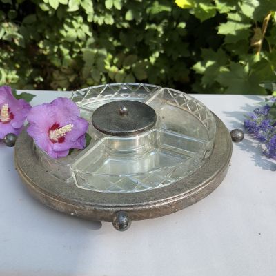 Менажница на крутящемся блюде 33 см мельхиор серебрение хрусталь Франция