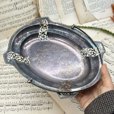 Блюдо сухарница 27 см с ручкой мельхиор патина