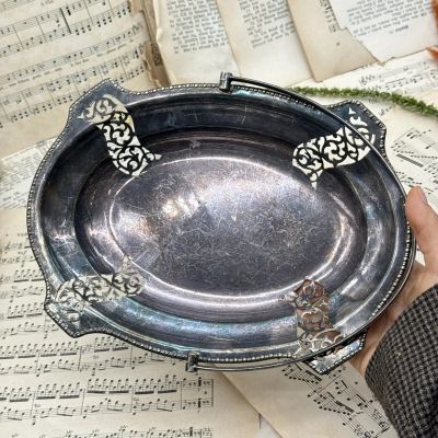 Блюдо сухарница 27 см с ручкой мельхиор патина