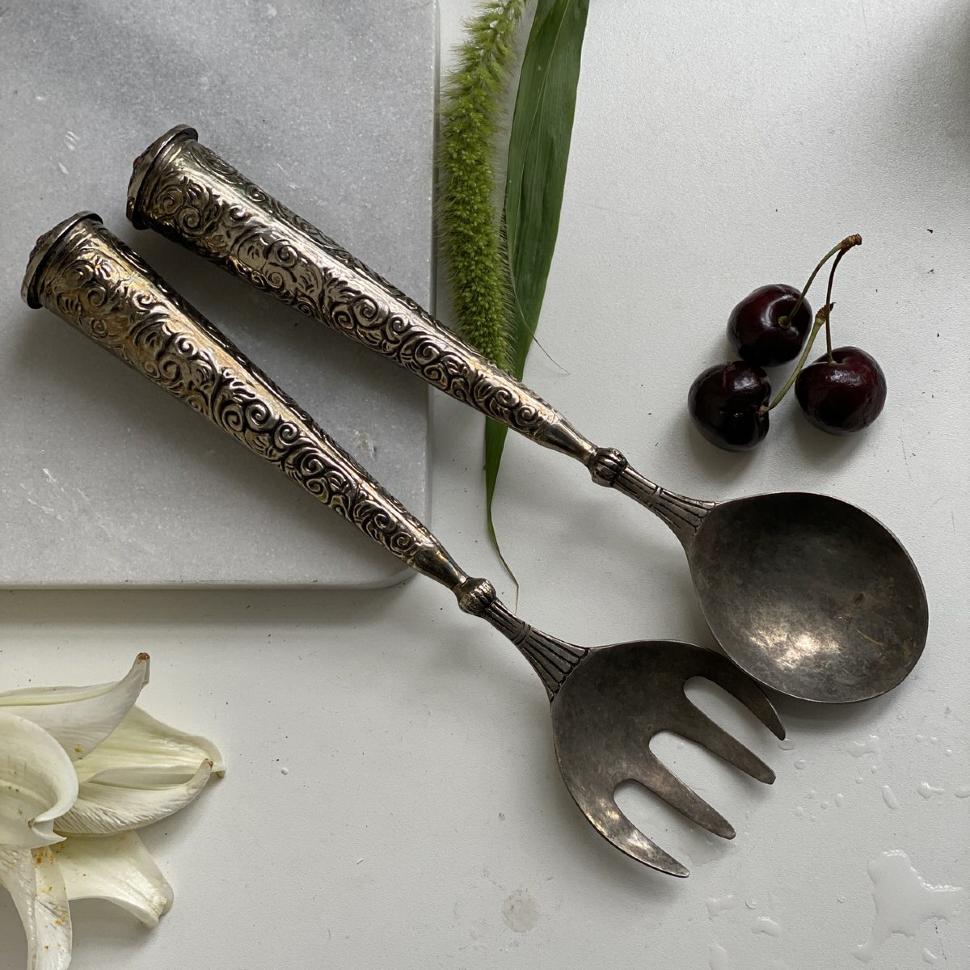 Ложка вилка 29 см набор для салата мельхиор патина