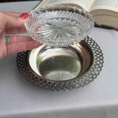 Блюдо для закусок икорница 18 см серебрение хрусталь Франция 