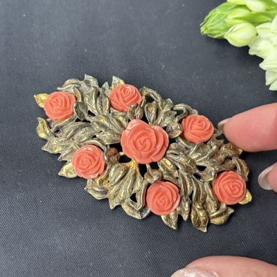 Брошь Розы 9 см латунь коралл