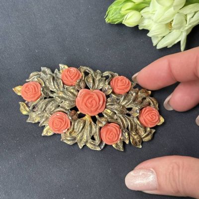 Брошь Розы 9 см латунь коралл