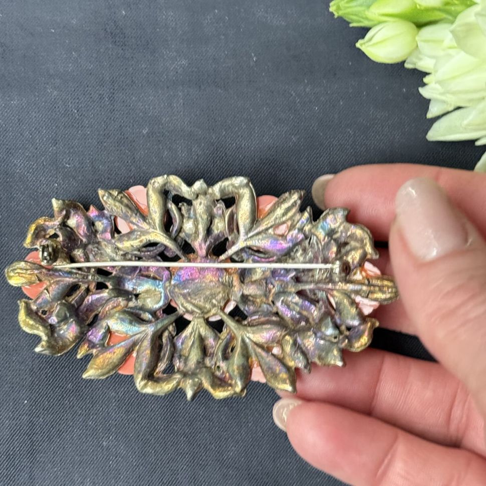 Брошь Розы 9 см латунь коралл