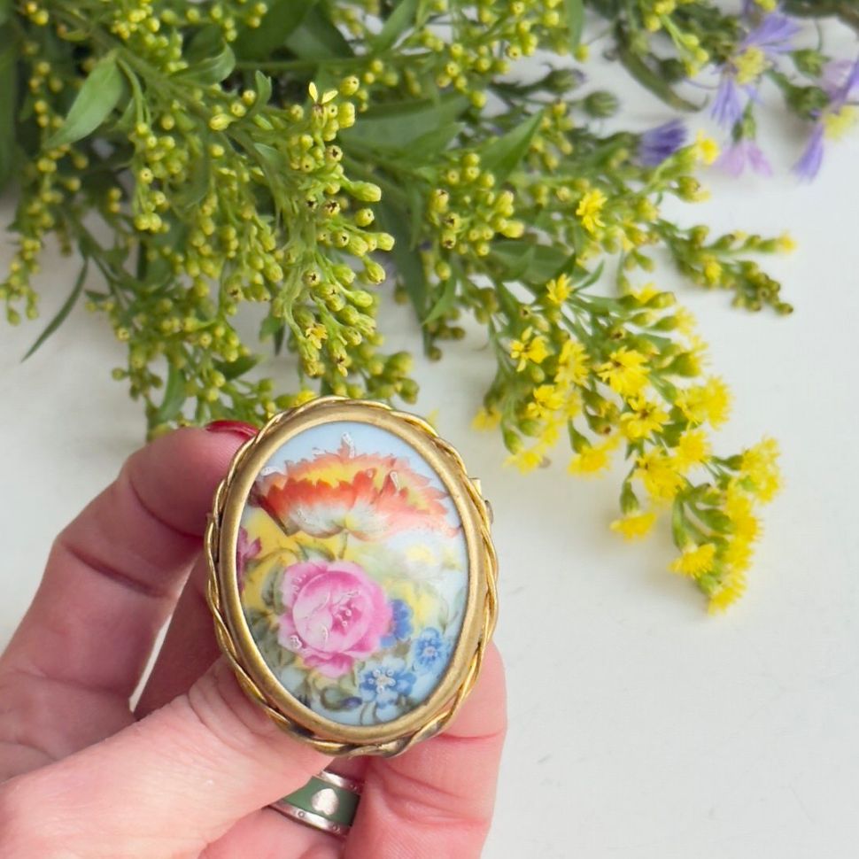 Брошь Limoges 5 см фарфор латунь ручная работа Франция