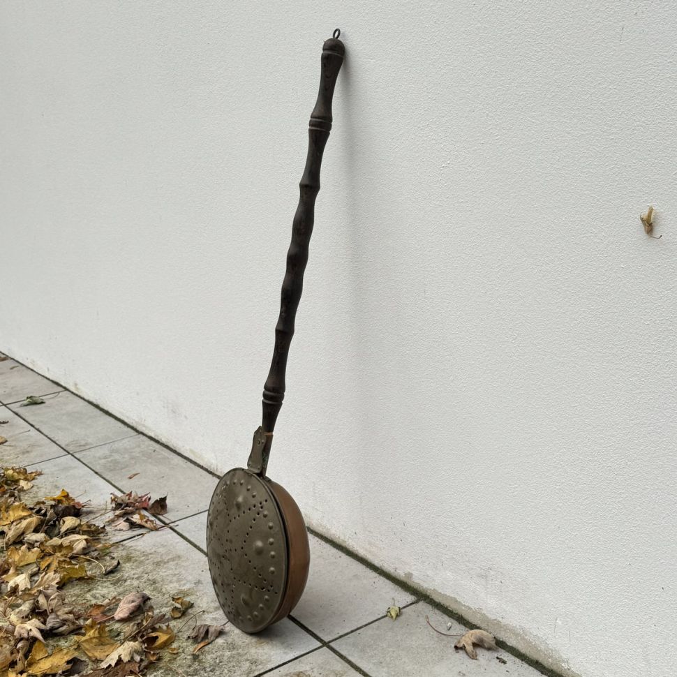 Грелка старинная 98 см медь латунь дерево