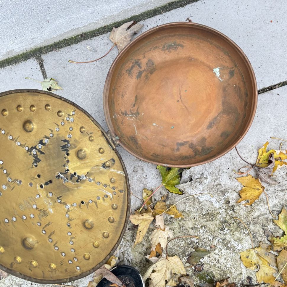 Грелка старинная 98 см медь латунь дерево