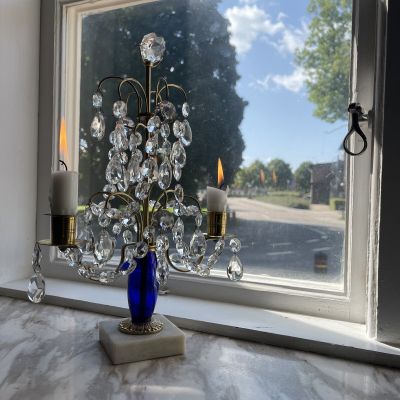 Подсвечник Жирандоль с синим основанием латунь с хрустальными подвесками на мраморном основании