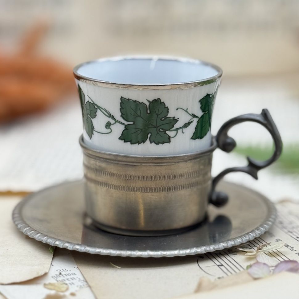 Кофейная пара в оловянном подстаканнике 100 мл фарфор Германия