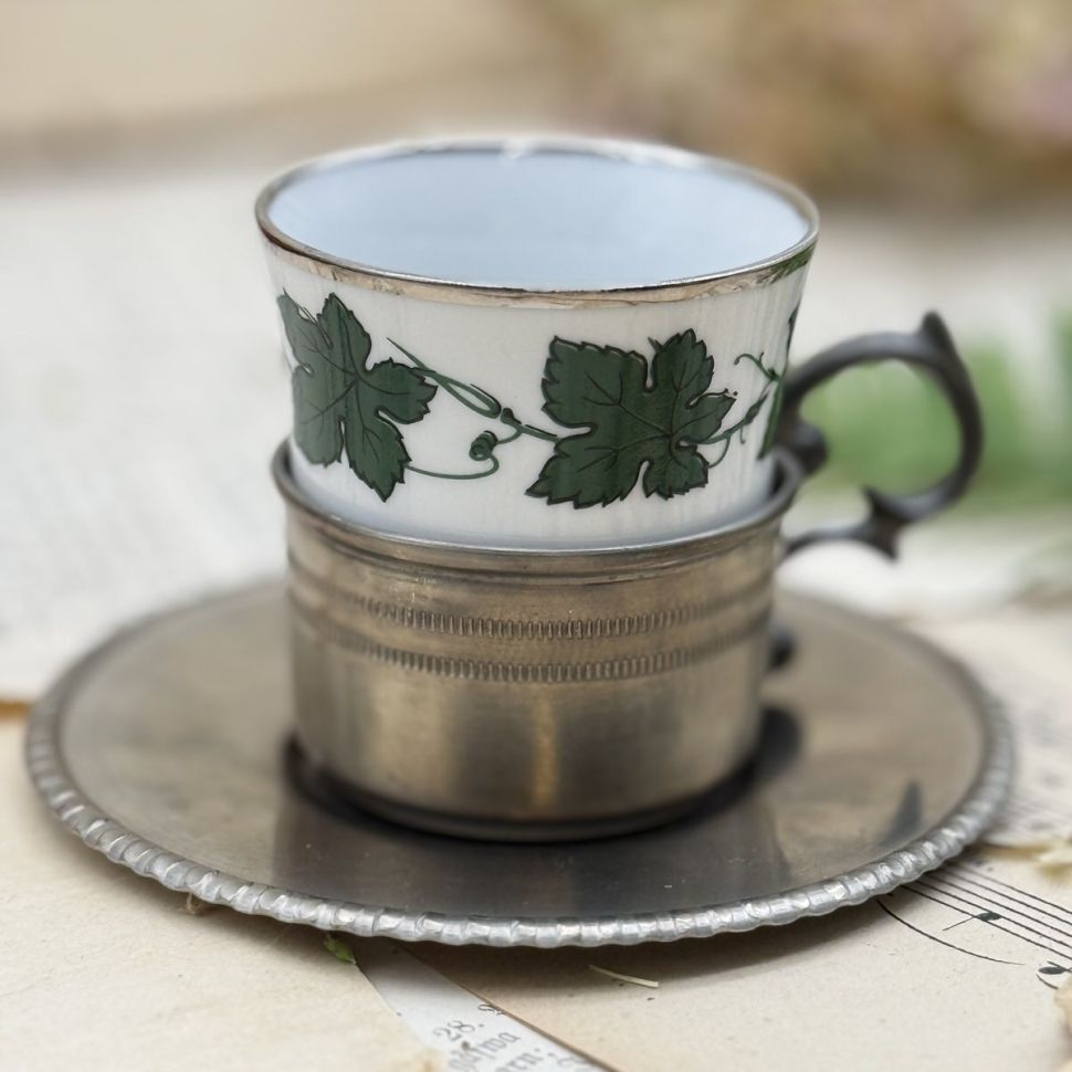 Кофейная пара в оловянном подстаканнике 100 мл фарфор Германия