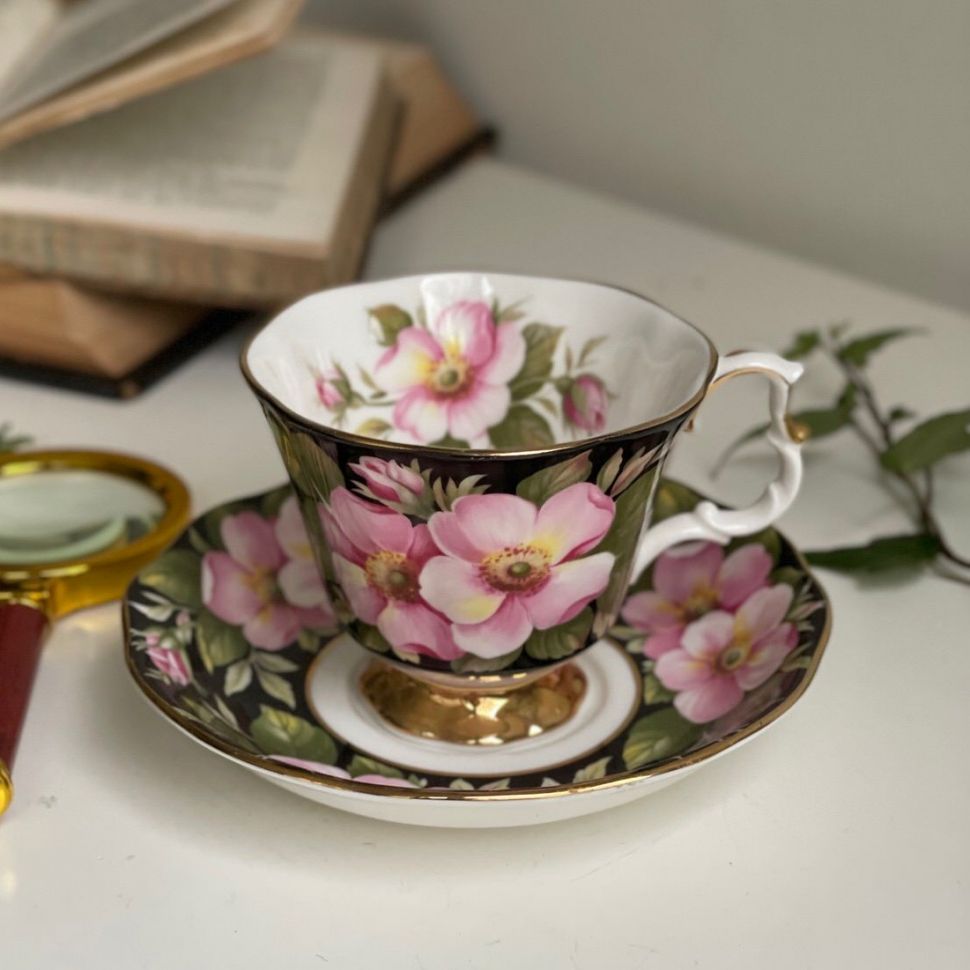 Чайная пара черный Royal Albert Provincial Flowers Alberta Rose 200 мл Англия