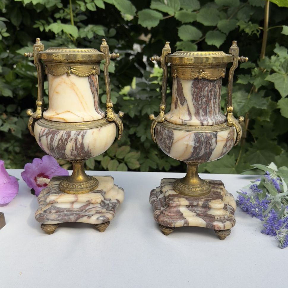 Ваза каминная 27 см 19 век набор 2 шт Франция мрамор латунь