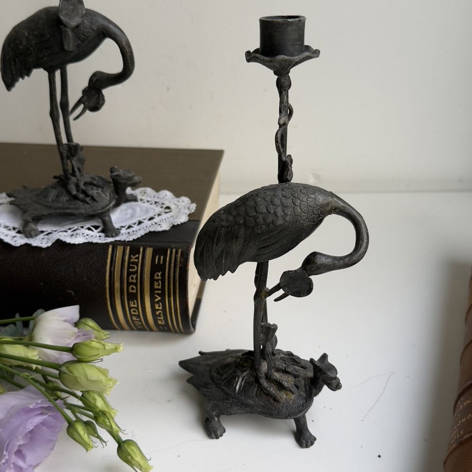 Подсвечник Аист и цветок ручная работа