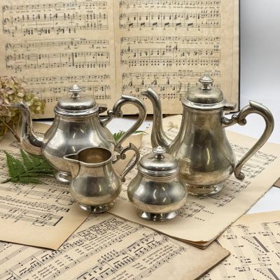 Чайник кофейник сахарница молочник серебрение набор 4 предмета Ар-деко