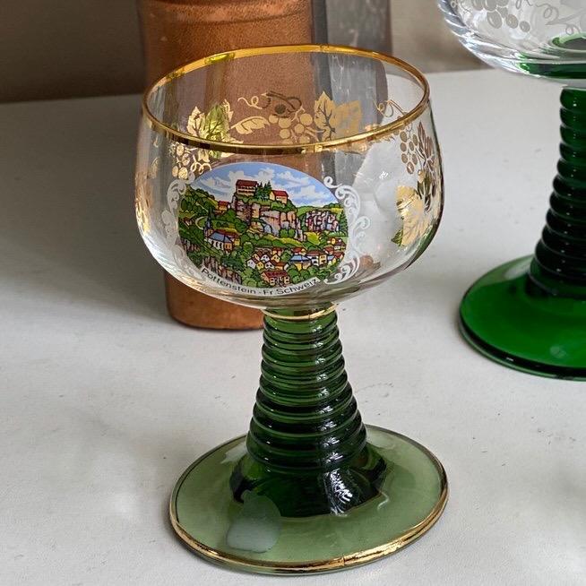 Бокал на зеленой ножке 110 мл с рисунком и виноградом хрусталь