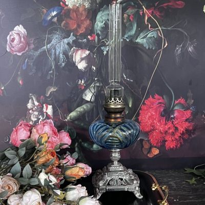 Лампа масляная голубая 52 см стекло металл Франция уценка