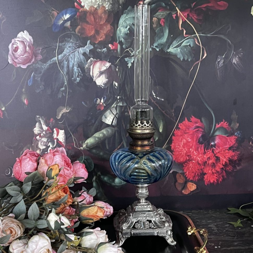 Лампа масляная голубая 52 см стекло металл Франция уценка