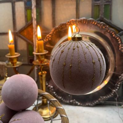 Шар елочный с велюровым покрытием 8 см розовый с золотом