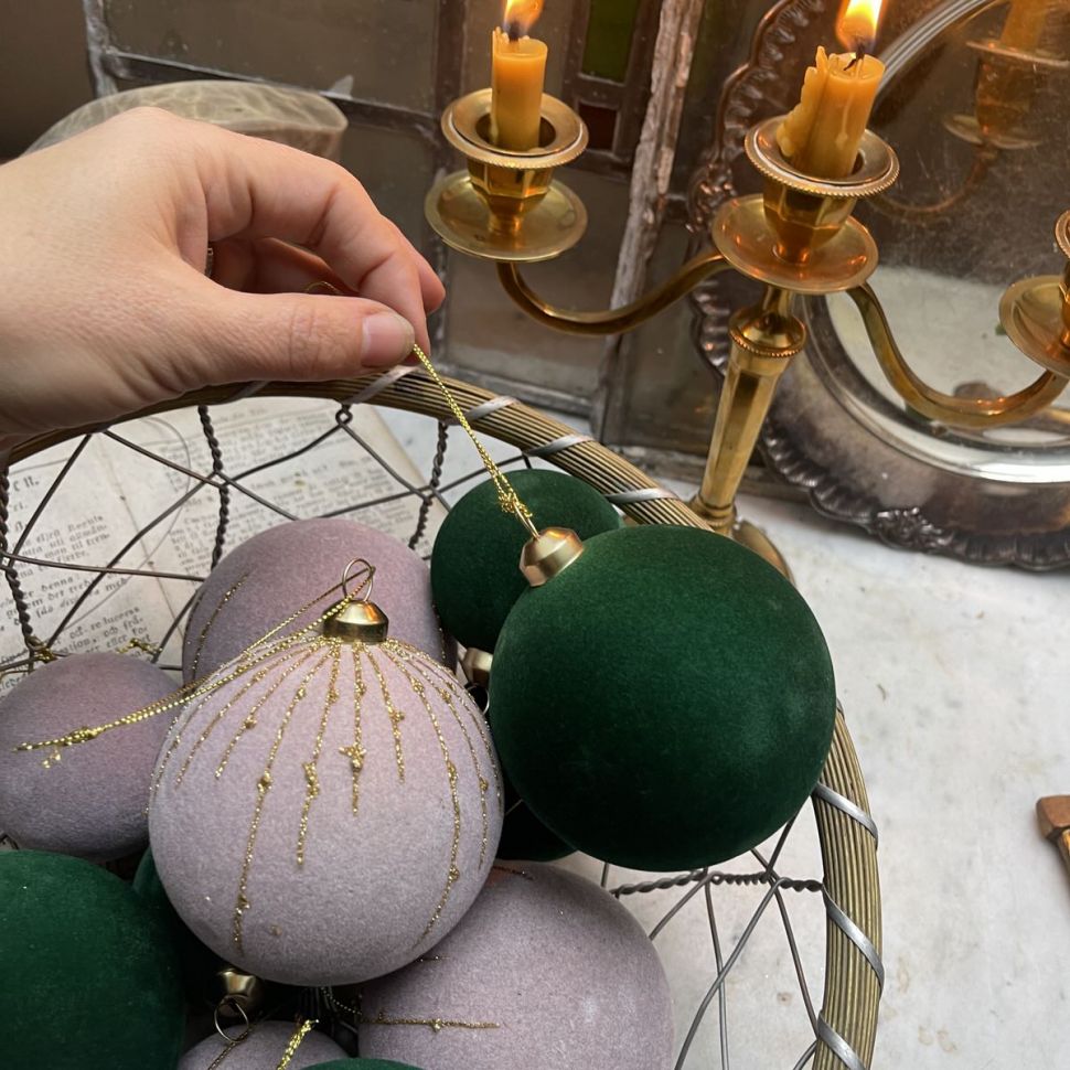 Шар елочный с велюровым покрытием 8 см розовый с золотом