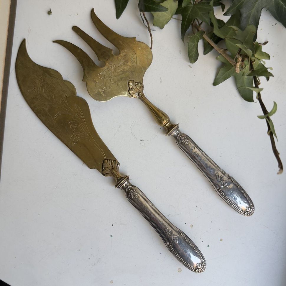 Вилка и нож для рыбы набор 29 см серебро латунь Арнуво Франция