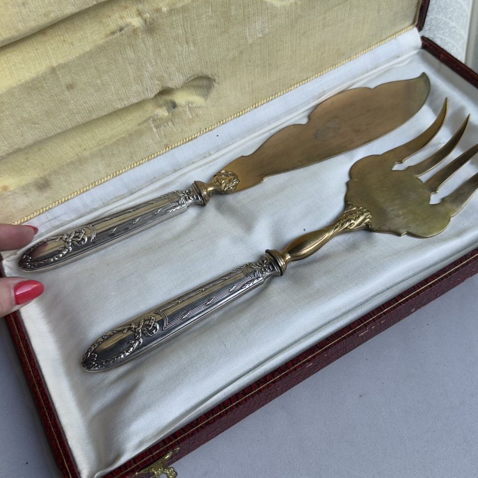 Набор сервировочный для рыбы 2 предмета Ампир серебро золочение Франция