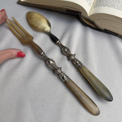 Ложка и вилка набор сервировочный 28 см Франция мельхиор рог