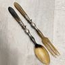 Ложка и вилка набор сервировочный 28 см Франция мельхиор рог