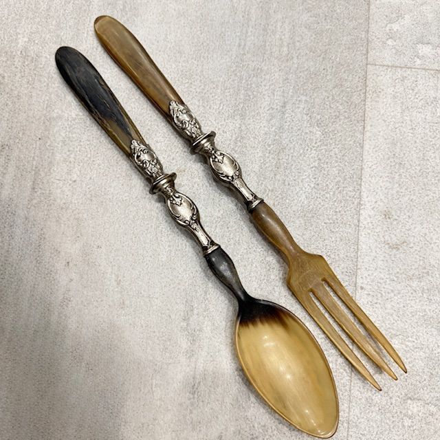 Ложка и вилка набор сервировочный 28 см Франция мельхиор рог