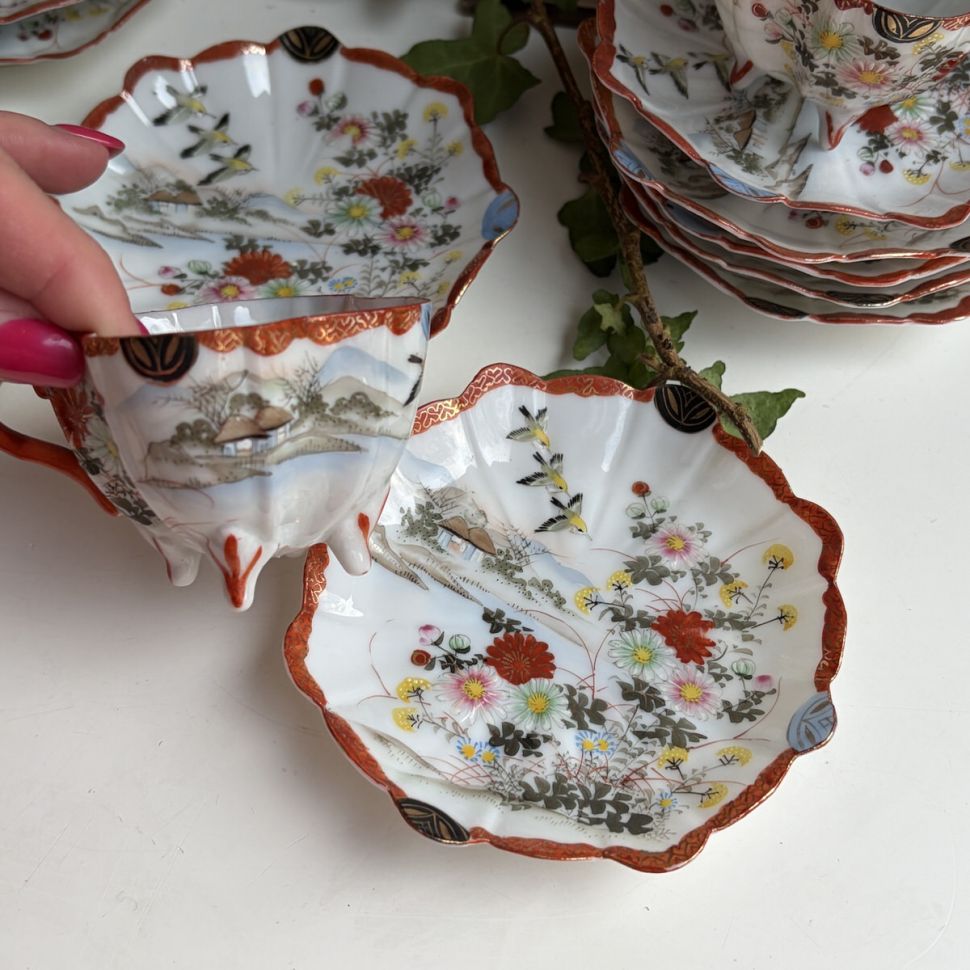 Чайная пара Весна Satsuma 75 мл 1900 гг фарфор Япония