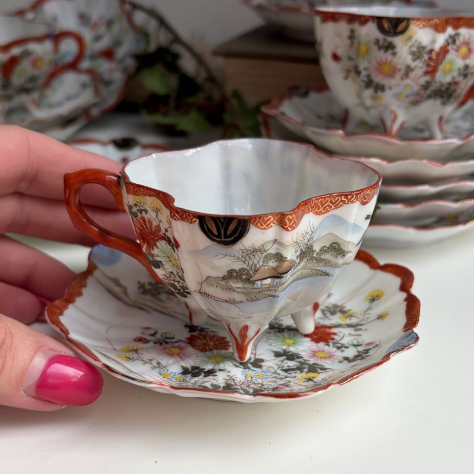 Чайная пара Весна Satsuma 75 мл 1900 гг фарфор Япония