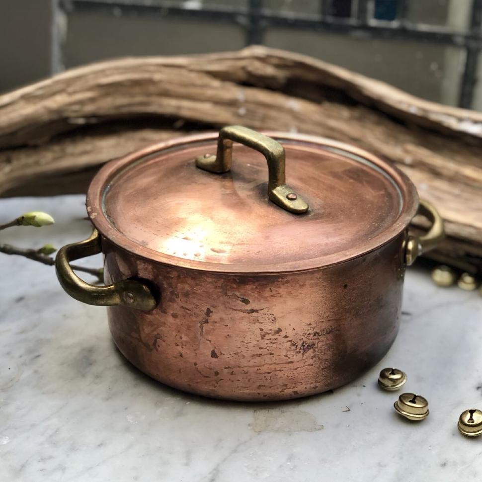 Кастрюля медная с латунными ручками и крышкой, Швеция
