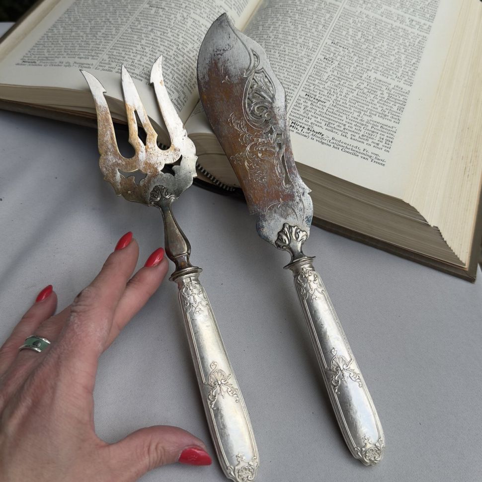 Ложка и нож для подачи рыбы серебро латунь Франция  