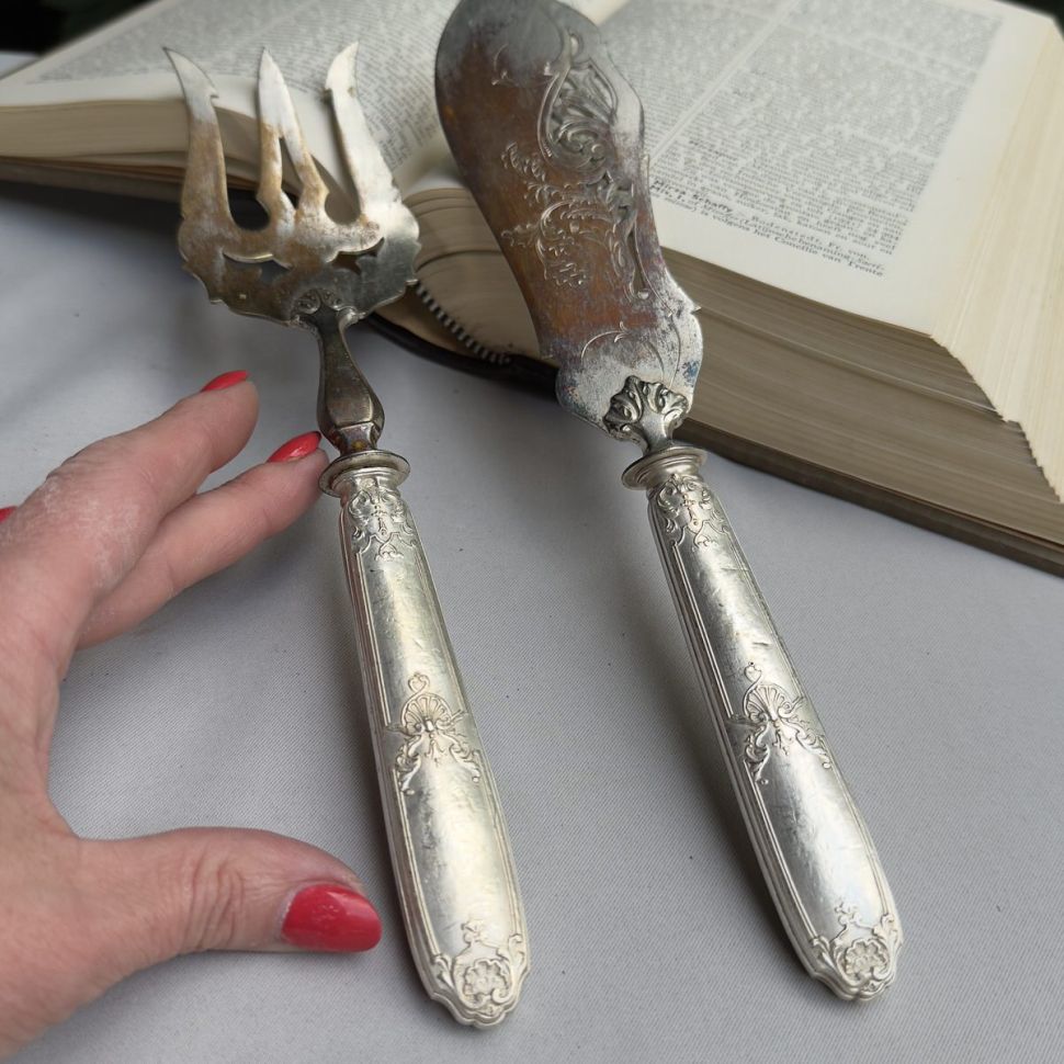 Ложка и нож для подачи рыбы серебро латунь Франция  