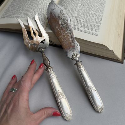 Ложка и нож для подачи рыбы серебро латунь Франция  