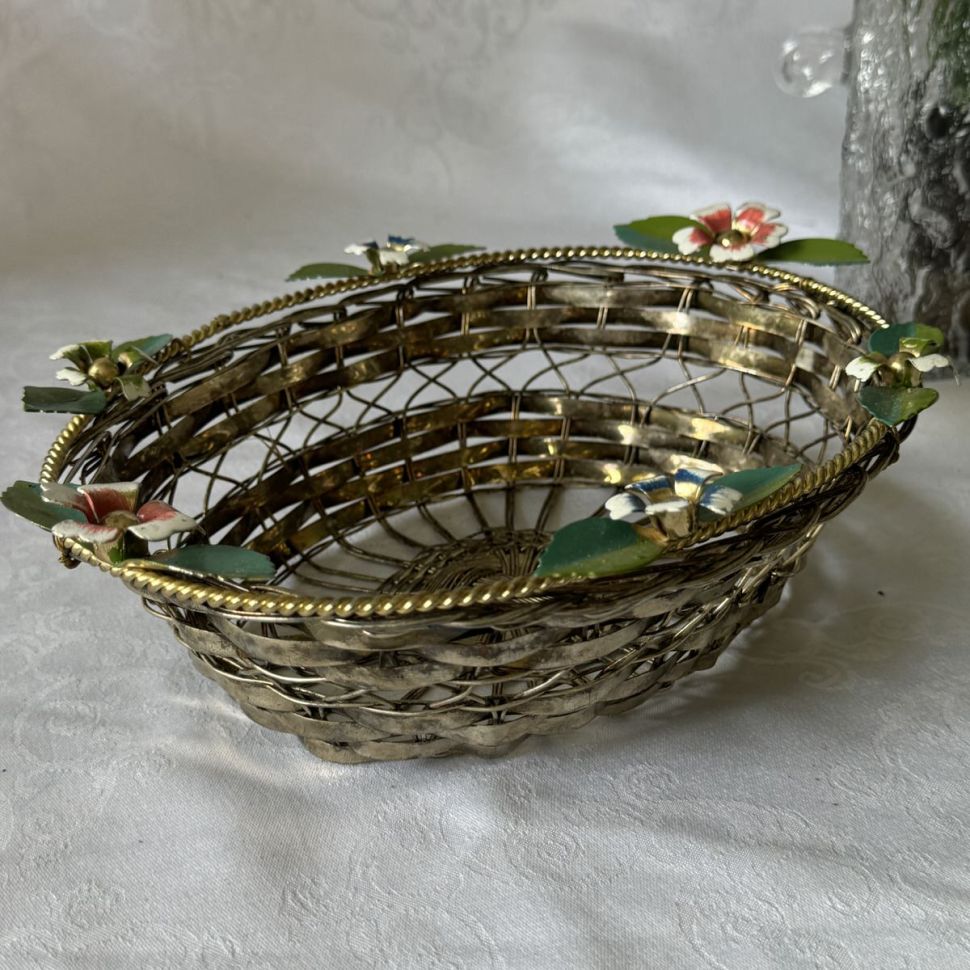 Корзинка сухарница 24 см серебрение мельхиор плетение эмаль 